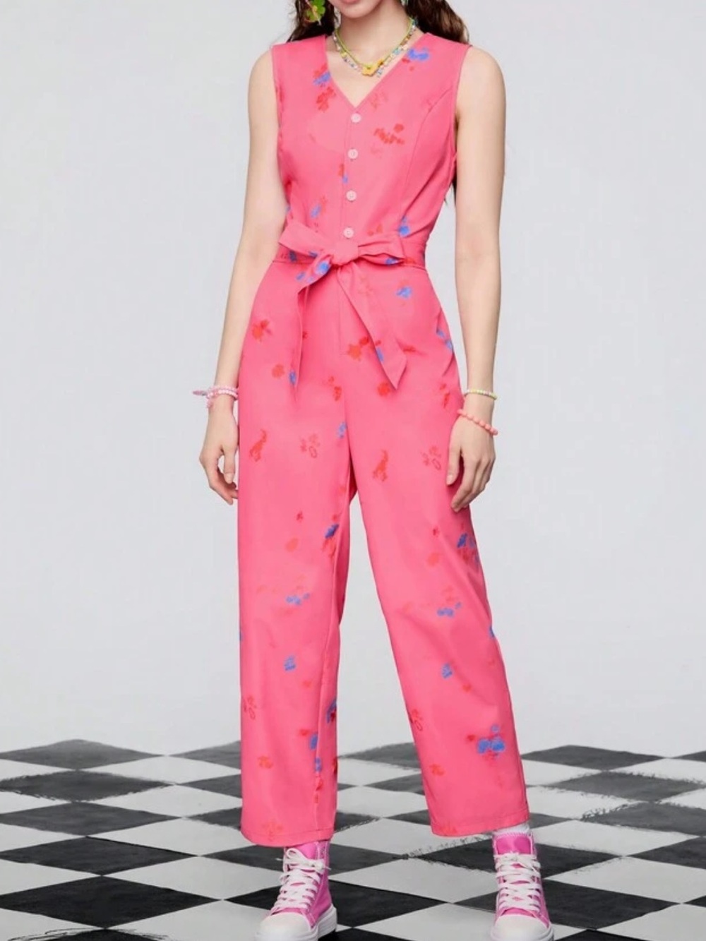 Sleeveless Pink Floral Tie-Waist Jumpsuit